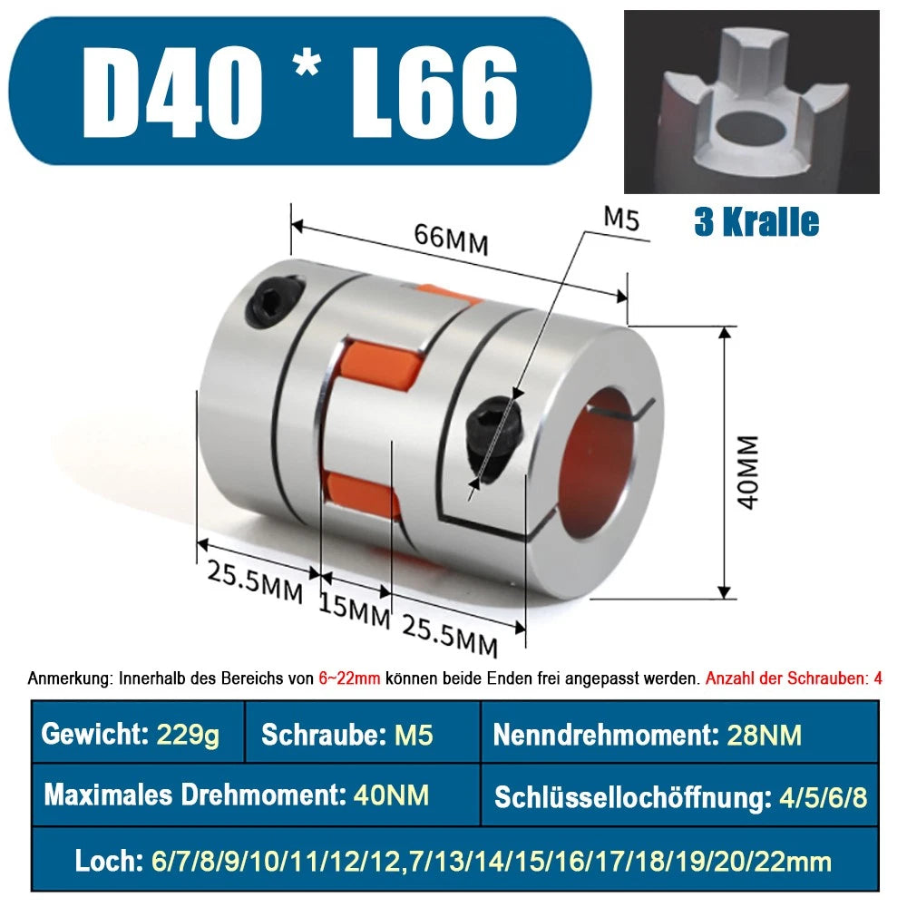 Bore 8mm to 22mm CNC Flexible Plum Coupling Shaft Coupler Connect D40 x L55/L66