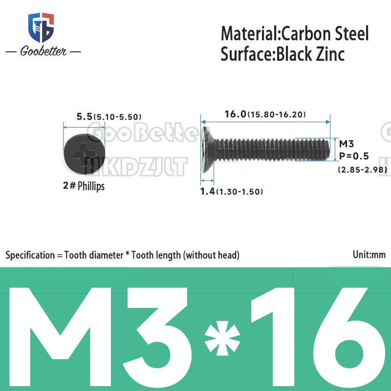 M2 & M3 Countersunk Pozidriv Machine Screws – Carbon Steel, Nickel or Black Zinc (3–22mm Overall Length)