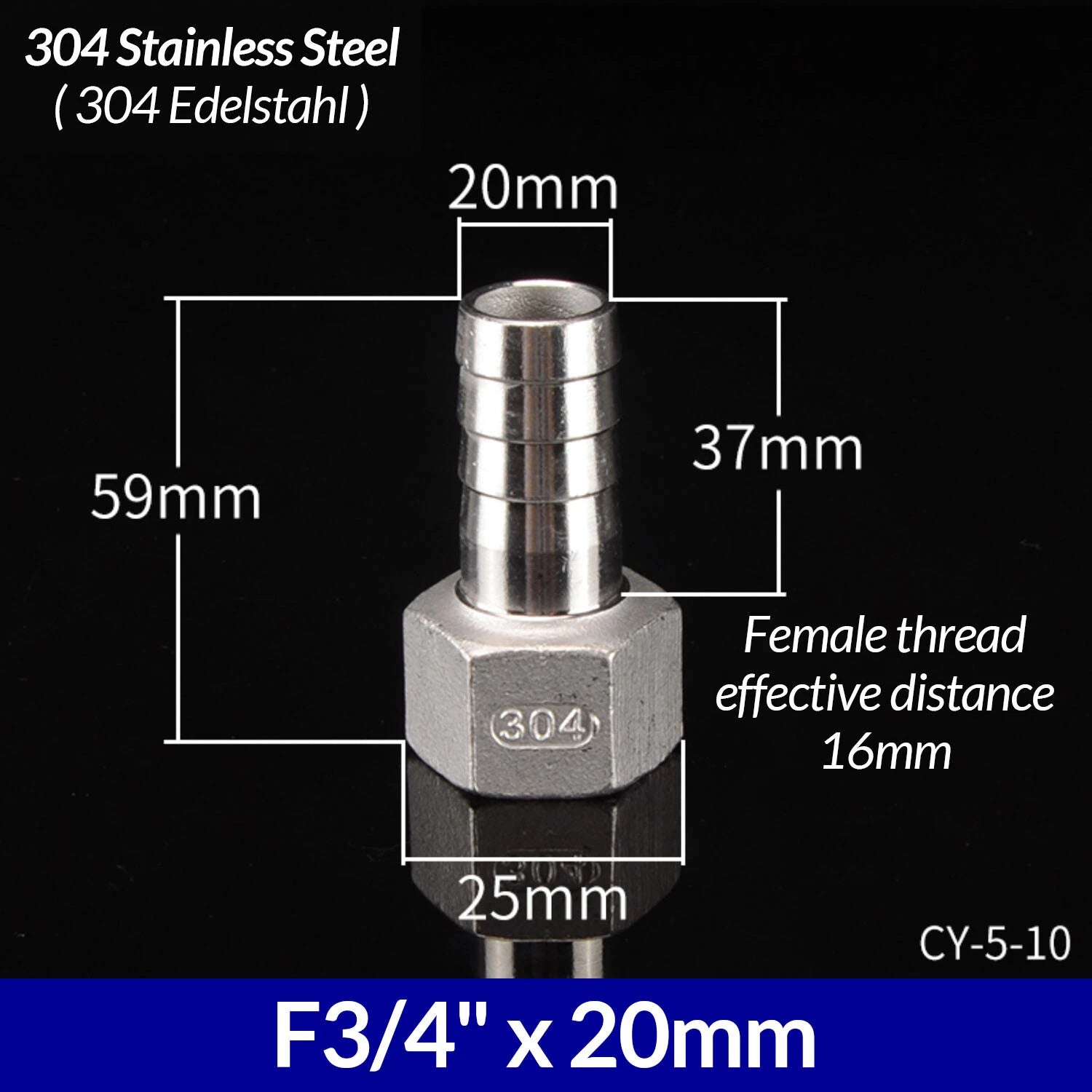 1/4" to 3/4" BSP Stainless Steel Female Fitting x Barb Hose Tail End Connector