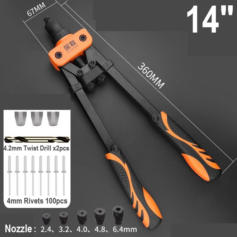 8"-17" Heavy Duty Hand Pop Rivet Gun Tool Kit With Rivets 4 Nozzle Head Wrench