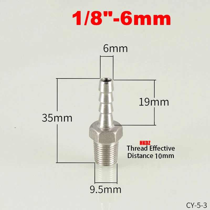 304 Stainless Steel Male Thread Barb Hose Tail Connector | 1/8" to 3/8" NPT