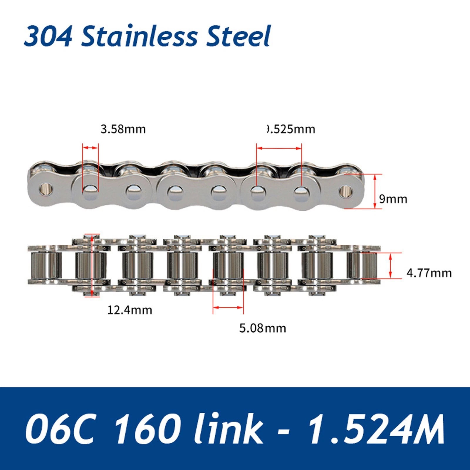 304/201 Stainless Steel Simplex Roller Chain Standard Quality 1M/1.524M All Size