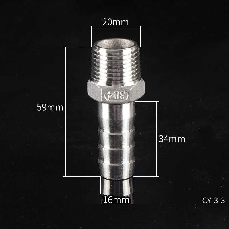 1/2" & 3/4" BSP Male Thread Hose Barb Tail Connector — Stainless Steel