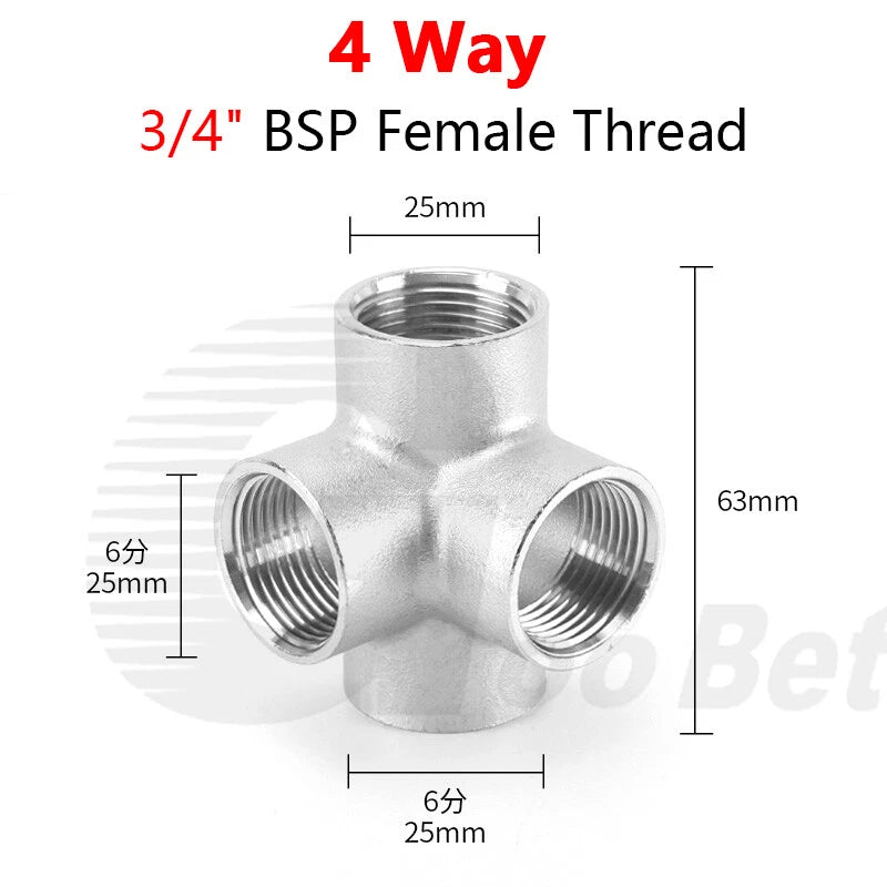 BSP Female Stainless Steel Pipe Fitting — 3/4/5-Way Adapter, 1/4" to 2"
