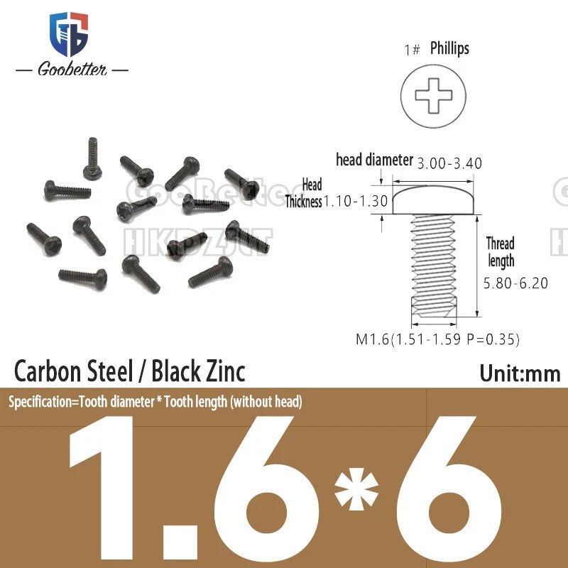 M1.6 & M1.7 Phillips Pan Round Head Machine Screws – Carbon Steel, Brass or Stainless, Lengths 1.5–22mm