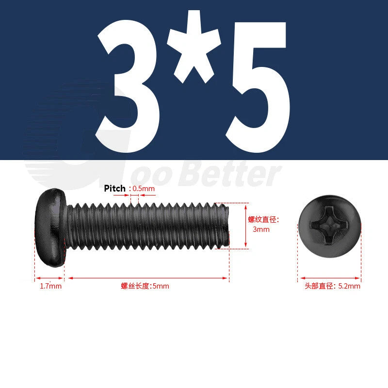 M2 M2.5 M3 M4 M5 Black Zinc Phillips Pan Head Machine Screws – Carbon Steel, 3–20mm