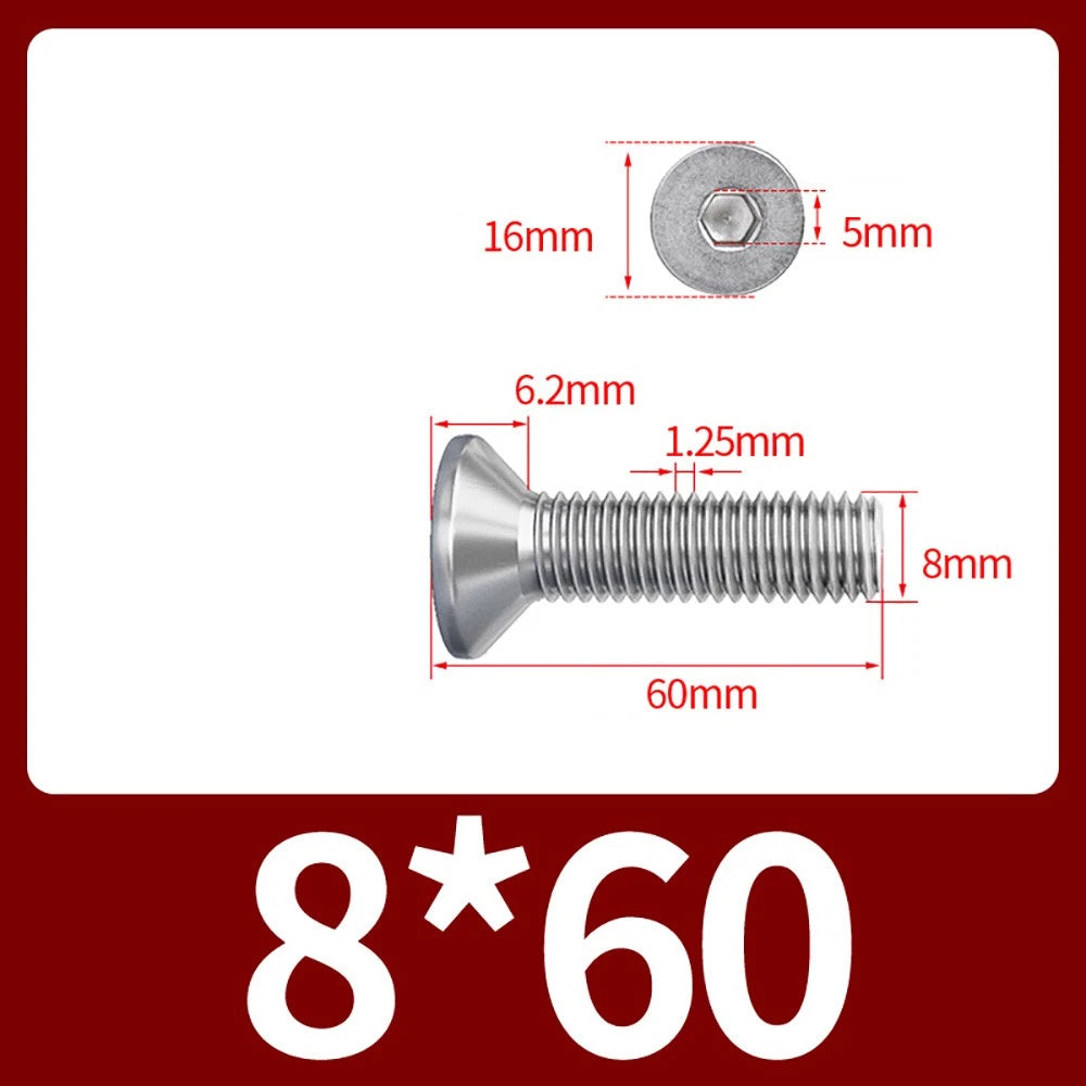 M8 M10 Countersunk Socket Head Screws – 304 Stainless Steel A2, Fully Threaded, 10–150mm