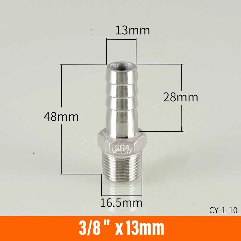 Stainless Steel BSP Male Thread x Barb Hose Tail Connector | 1/8" to 4"