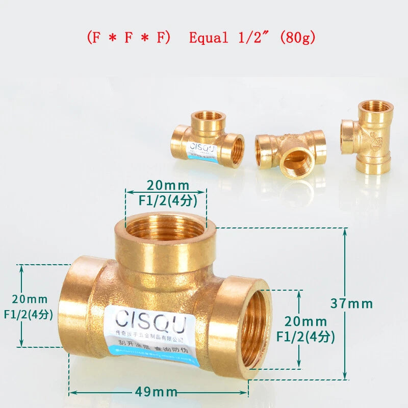 Brass Tee Pipe Fittings – NPT Thread, 1/8" to 2", M/F Configurations