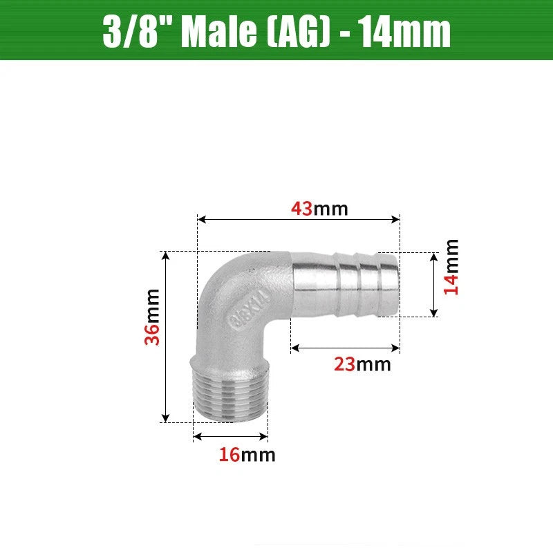 BSP Male Elbow Barbed Hose Connector — Stainless Steel, 1/8" to 1/2", 6–16mm