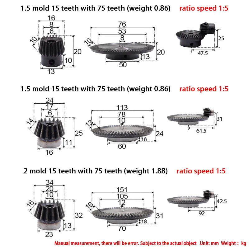 0.5/0.75/1/1.5-5 Mod Bevel Gear 12-160 Teeth Transmission Gears Bevel Teeth 90°