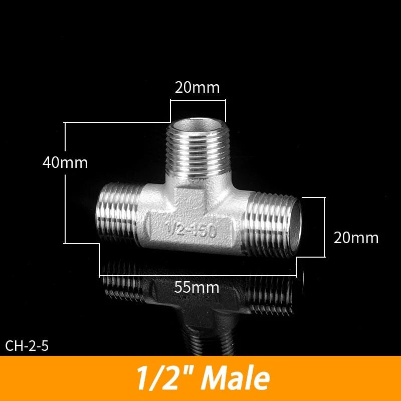 BSP 304 Stainless Steel Tee Fittings — 3-Way Male & Female Pipe Connector (1/8" to 3")