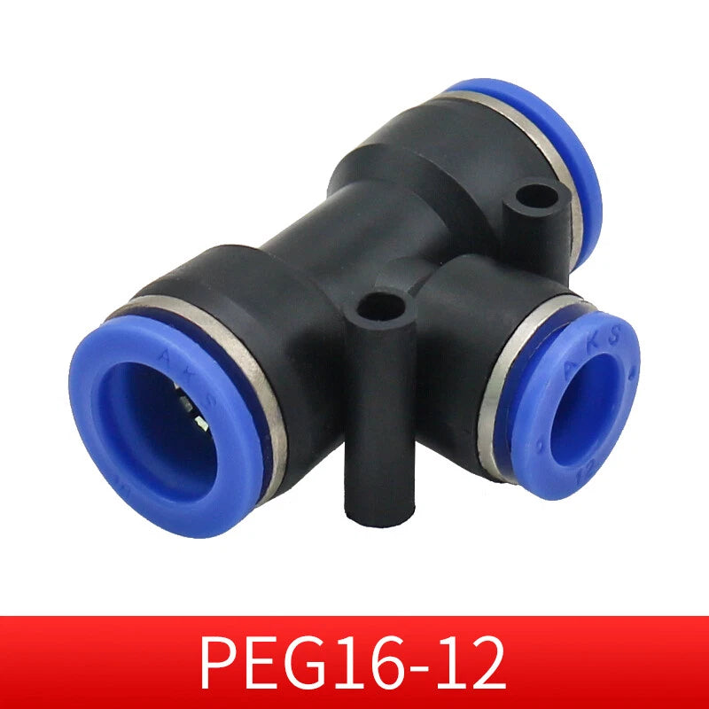 Pneumatic Push-in T-Shape 3-Way Fitting — Air Water Tube Connector PE4–PE16 & Reducing