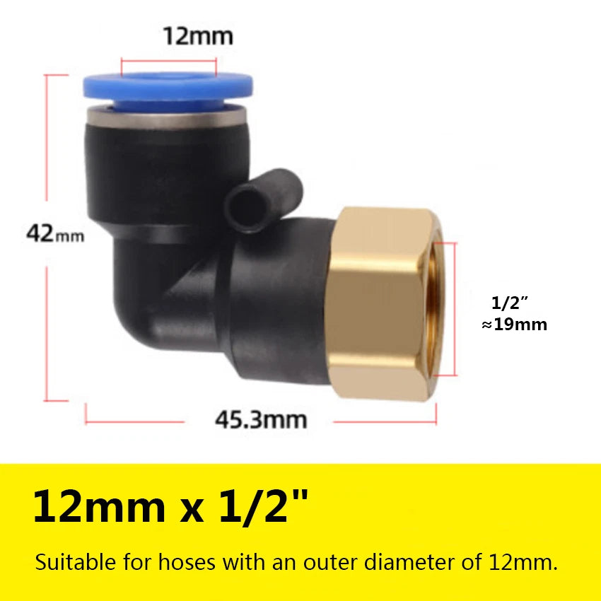 90° Elbow Push-to-Connect Pneumatic Fitting — 4mm to 12mm Hose OD, Female Thread