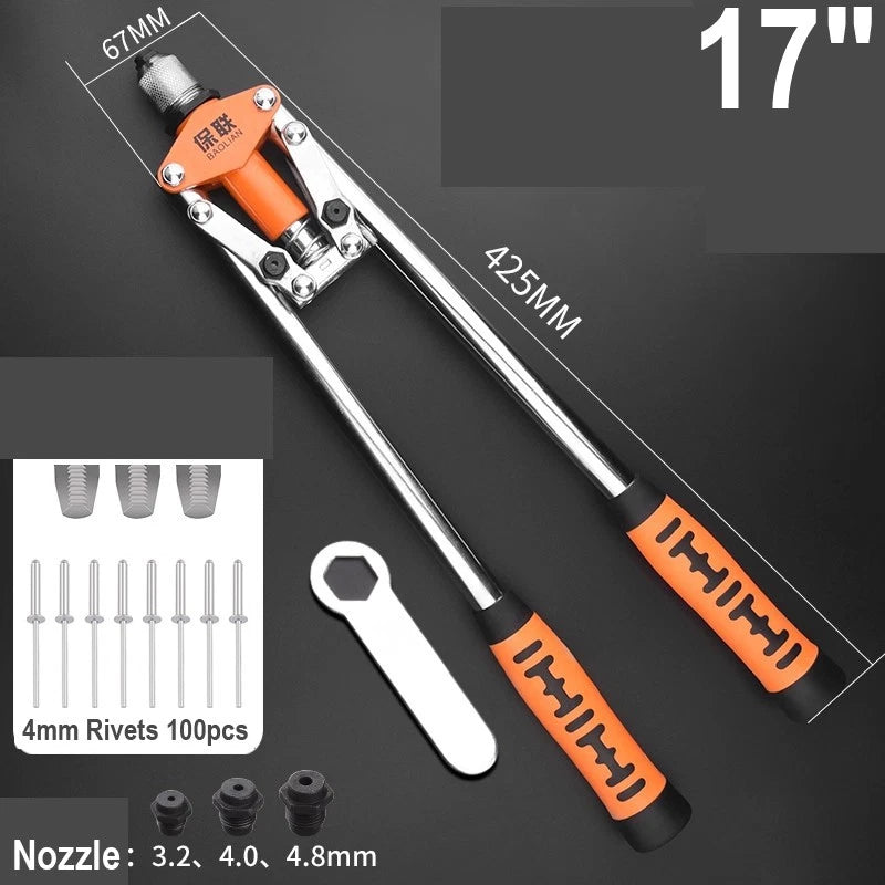 8"-17" Heavy Duty Hand Pop Rivet Gun Tool Kit With Rivets 4 Nozzle Head Wrench