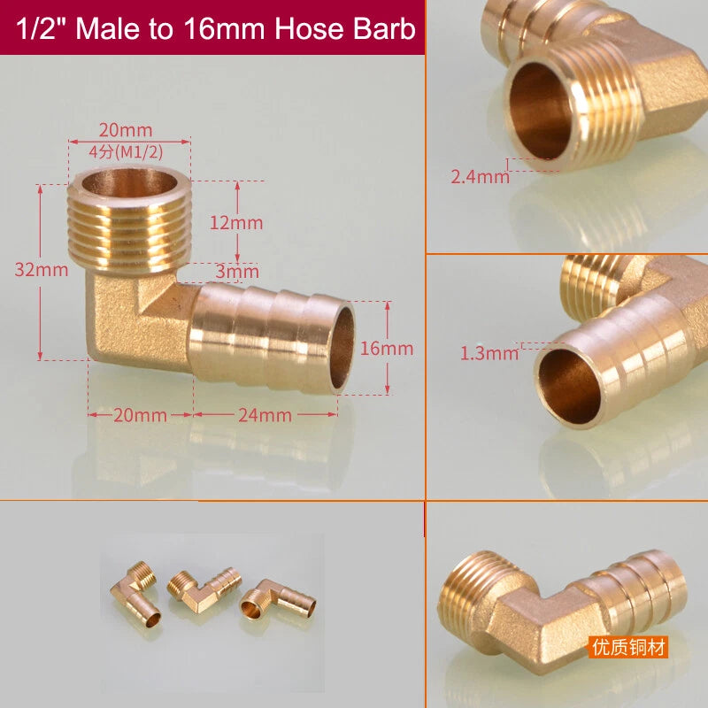 Brass Hose Barb Elbow Fittings — Male BSP to Metric Barb, 1/8" to 3/4" BSP
