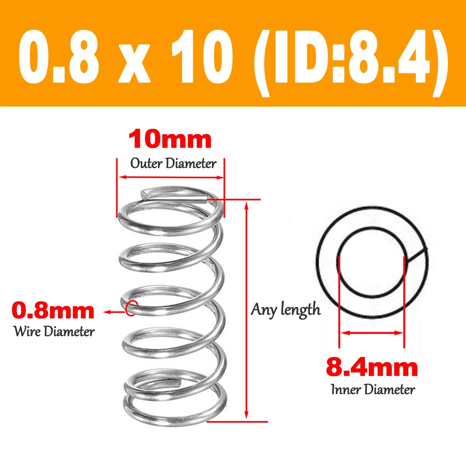 Compression spring 0.8mm, 304 stainless steel Length 5 to 120mm Pressure spring