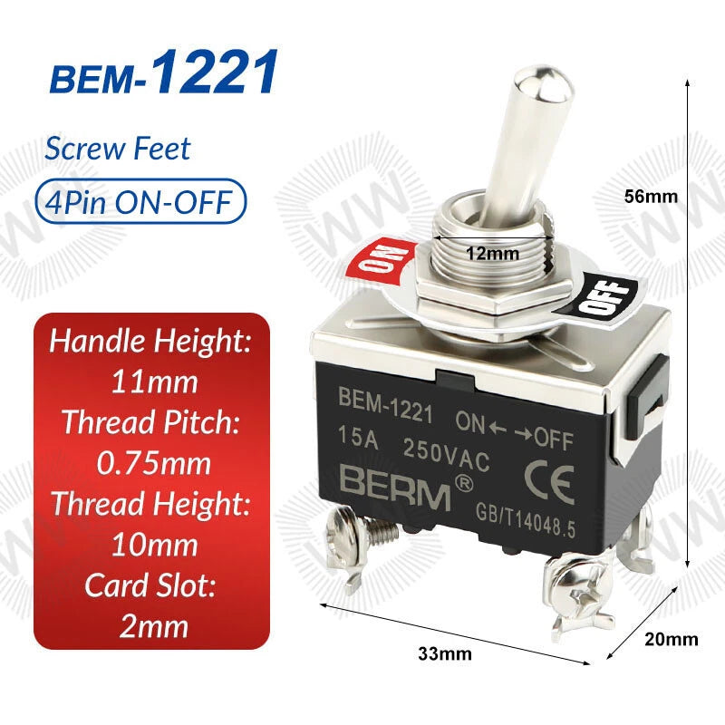 Heavy Duty Metal Toggle Switch – 15A 250VAC, 2/3/4/6 Pin, ON-OFF & ON-OFF-ON