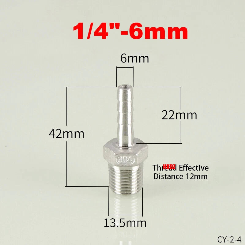 304 Stainless Steel Male Thread Barb Hose Tail Connector | 1/8" to 3/8" NPT