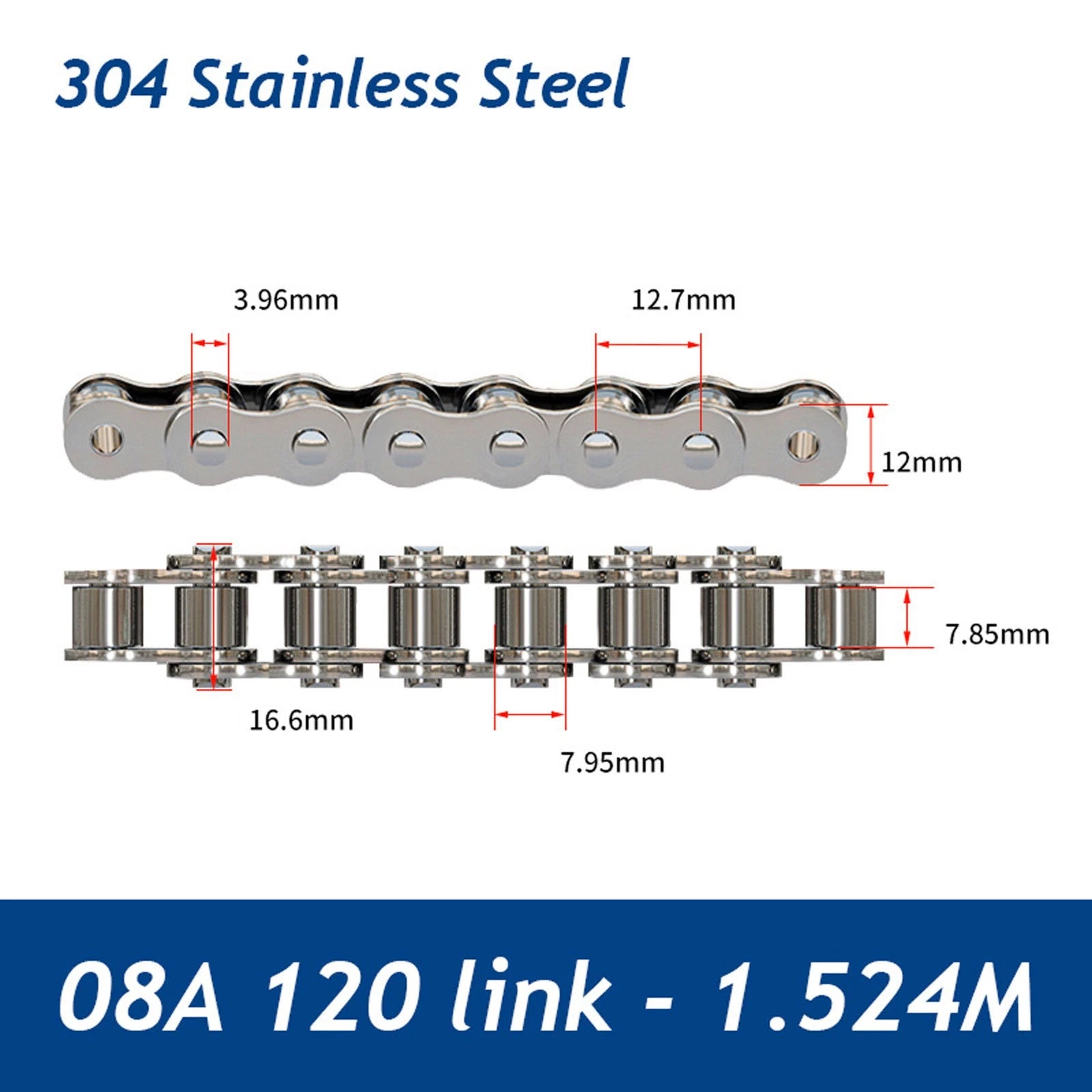 304/201 Stainless Steel Simplex Roller Chain Standard Quality 1M/1.524M All Size