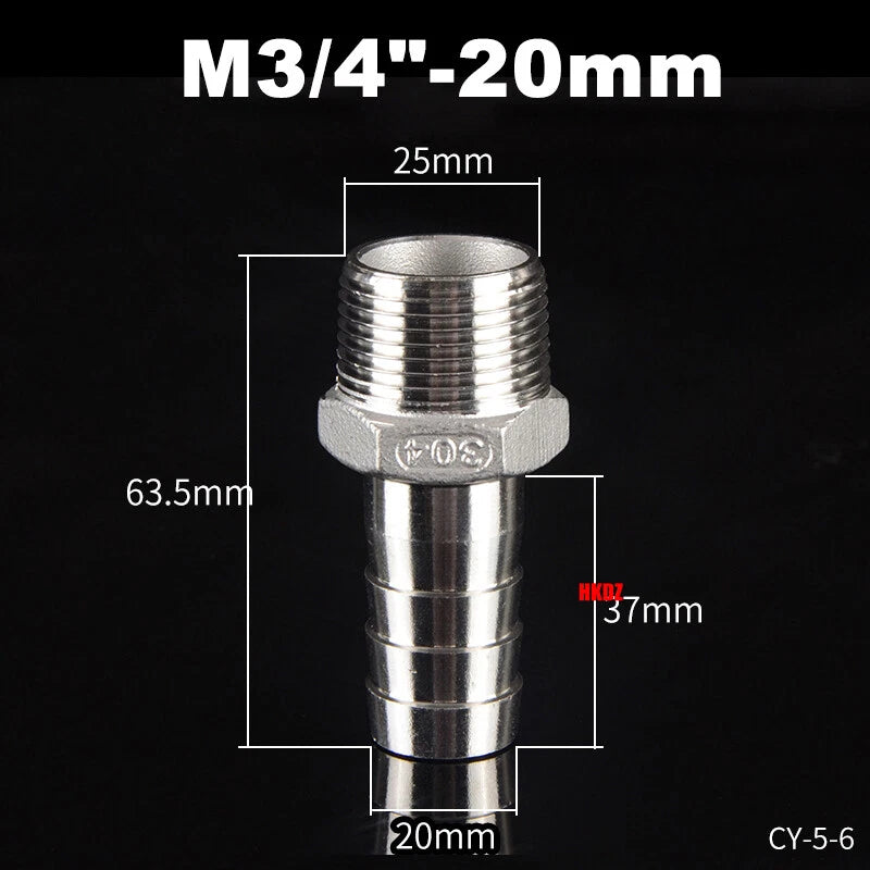 Stainless Steel 304 Barb Hose Tail Connector – 1/2" & 3/4" BSP Male Thread Hose Fittings