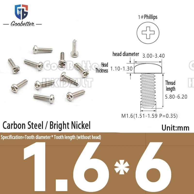 M1.6 & M1.7 Phillips Pan Round Head Machine Screws – Carbon Steel, Brass or Stainless, Lengths 1.5–22mm