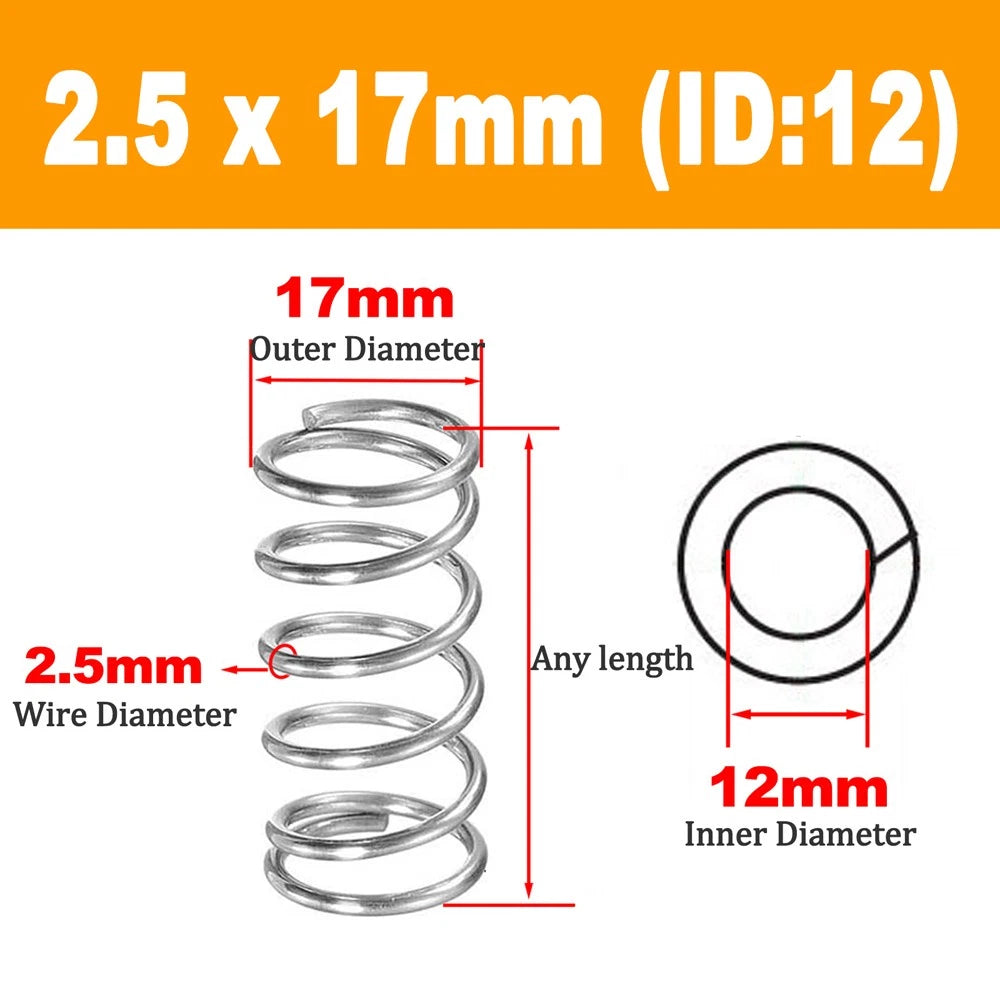 304 Stainless Steel Compression Spring Wire Dia 2.5mm, L 20-100mm, OD 12-36mm