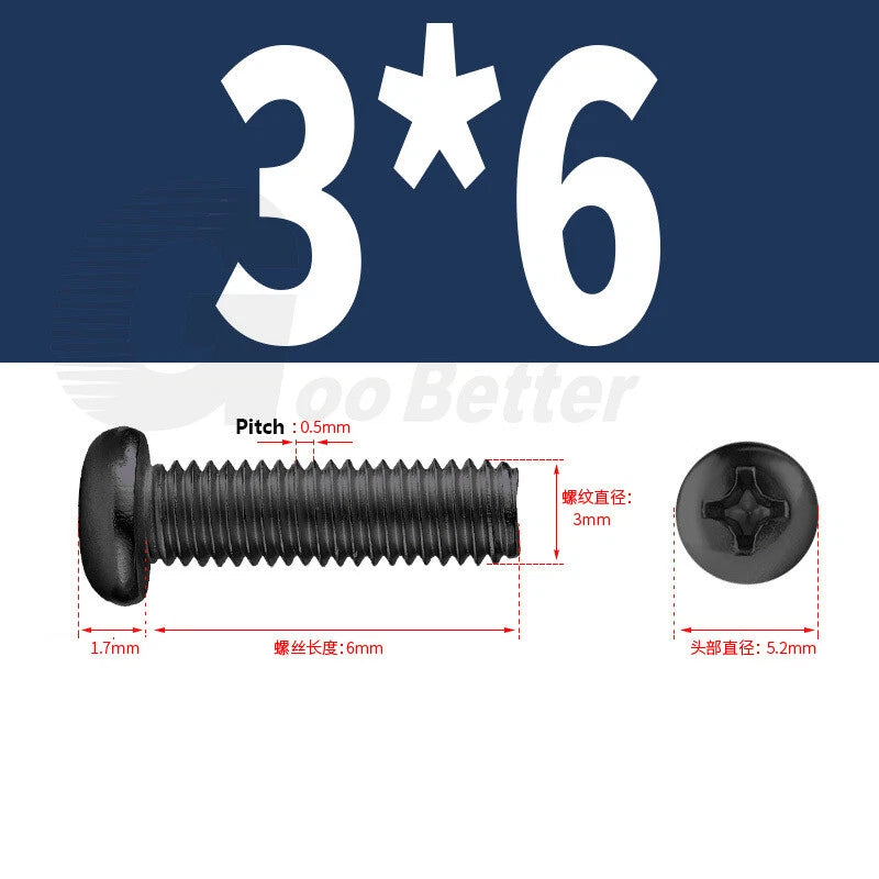 M2 M2.5 M3 M4 M5 Black Zinc Phillips Pan Head Machine Screws – Carbon Steel, 3–20mm