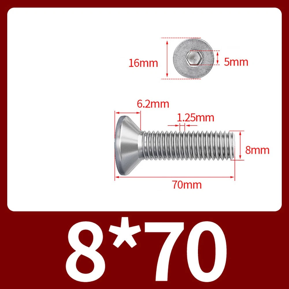 M8 M10 Countersunk Socket Head Screws – 304 Stainless Steel A2, Fully Threaded, 10–150mm