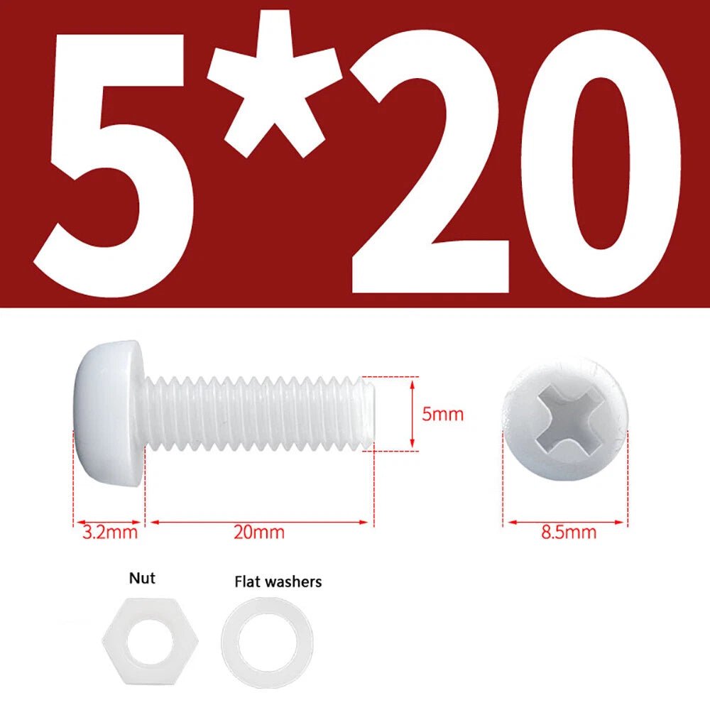 M4 M5 Nylon Phillips Pan Head Machine Screws with Hex Nuts and Flat Washers – White & Black - HomeDIYer
