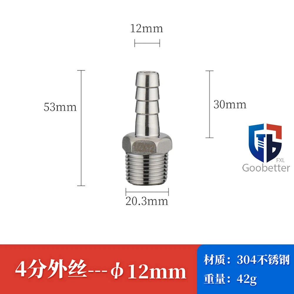 BSP Stainless Steel Male Thread Barb Hose Tail Connector — 1/8" to 2"