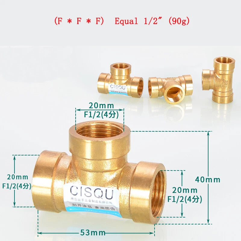 Brass Tee Pipe Fittings – NPT Thread, 1/8" to 2", M/F Configurations
