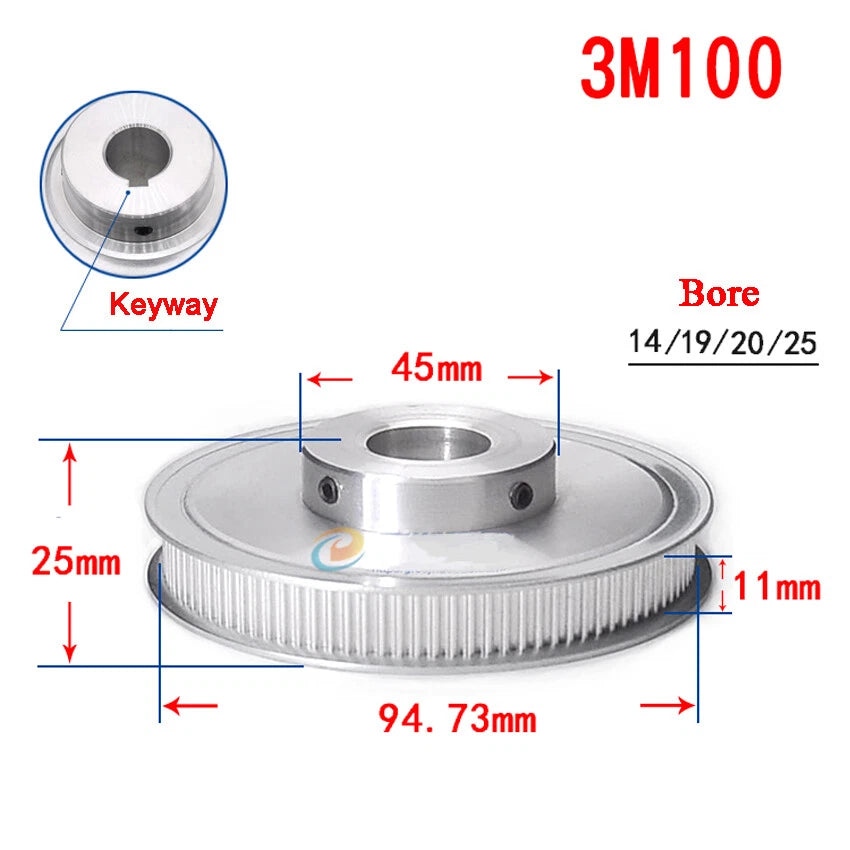 3M 20T-100T Timing Belt Pulley With Step/Keyway, Bore 8-25mm,For 10mm Width Belt