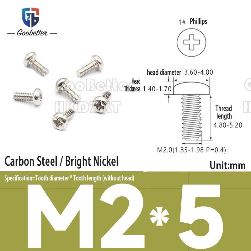 M2 Phillips Pan Head Machine Screws — 3 to 5.5mm, Carbon Steel & Stainless, 11 Finishes - HomeDIYer