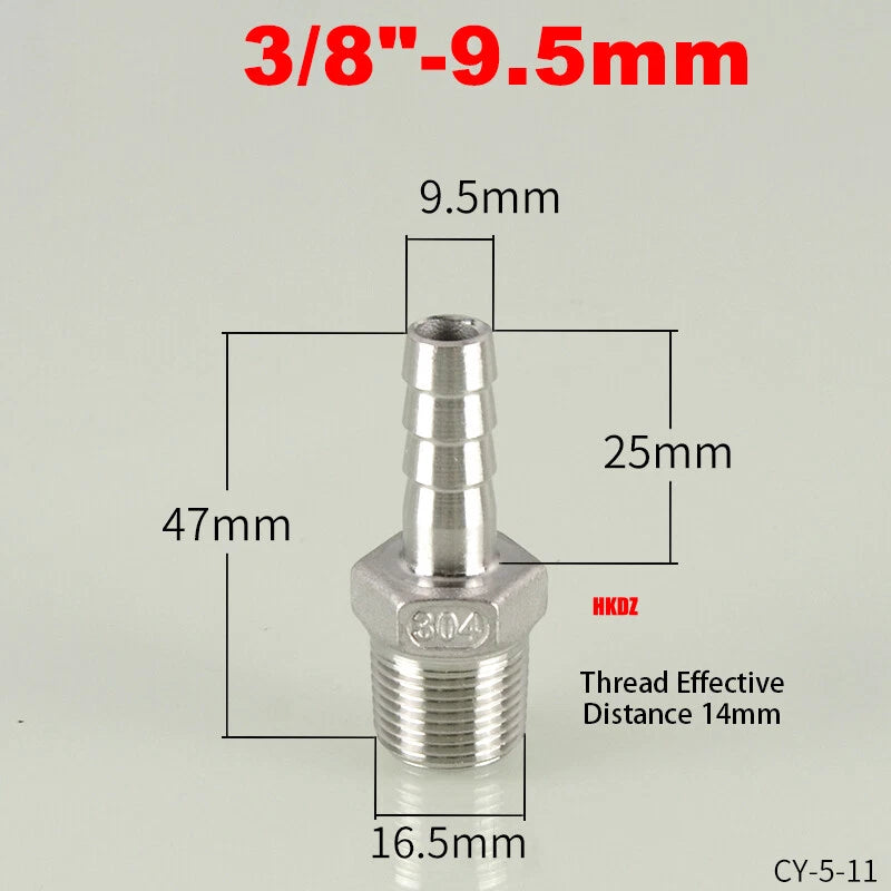 304 Stainless Steel Male Thread Barb Hose Tail Connector | 1/8" to 3/8" NPT