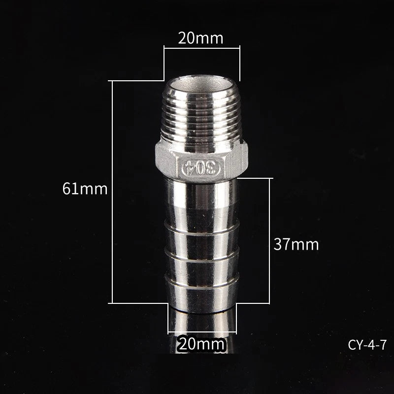 1/2" & 3/4" BSP Male Thread Hose Barb Tail Connector — Stainless Steel