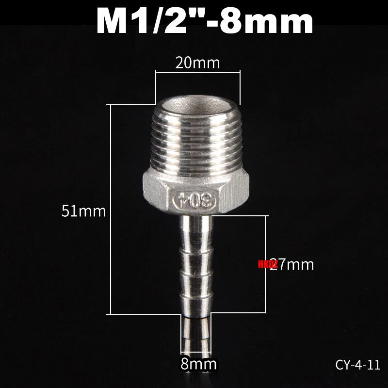 Stainless Steel 304 Barb Hose Tail Connector – 1/2" & 3/4" BSP Male Thread Hose Fittings