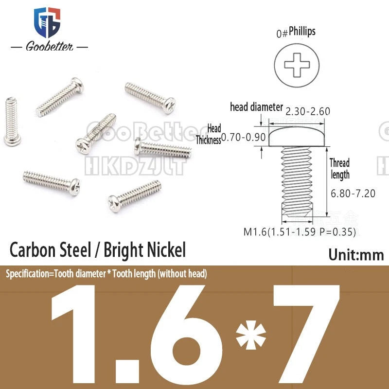 M1.6 & M1.7 Phillips Pan Round Head Machine Screws – Carbon Steel, Brass or Stainless, Lengths 1.5–22mm
