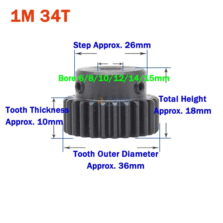 1 Module Spur Gear With Step 15-44 Teeth 45# Steel Pinion Gear Transmission Gear
