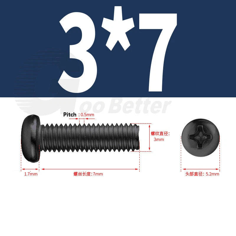 M2 M2.5 M3 M4 M5 Black Zinc Phillips Pan Head Machine Screws – Carbon Steel, 3–20mm