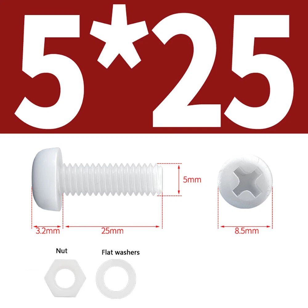 M4 M5 Nylon Phillips Pan Head Machine Screws with Hex Nuts and Flat Washers – White & Black - HomeDIYer