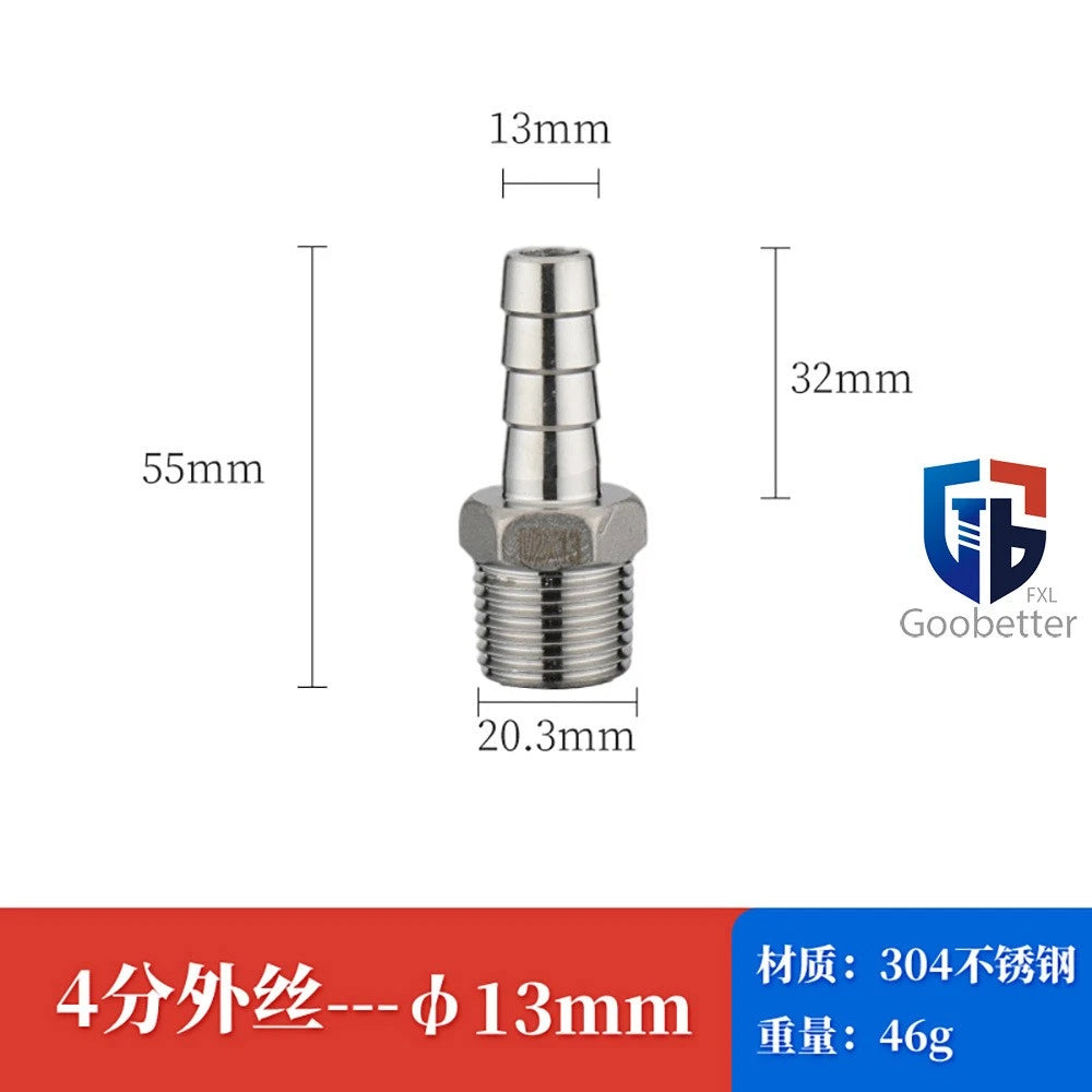 BSP Stainless Steel Male Thread Barb Hose Tail Connector — 1/8" to 2"