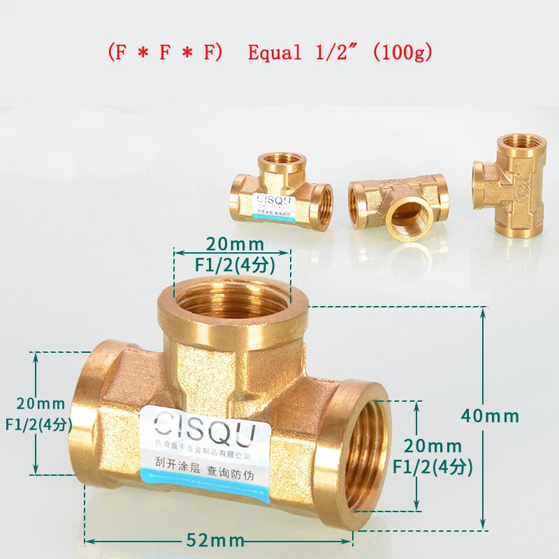 Brass Tee Pipe Fittings – NPT Thread, 1/8" to 2", M/F Configurations