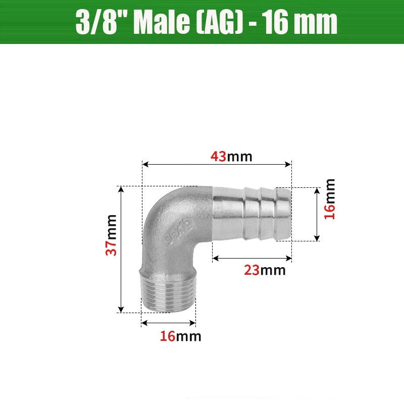 BSP Male Elbow Barbed Hose Connector — Stainless Steel, 1/8" to 1/2", 6–16mm