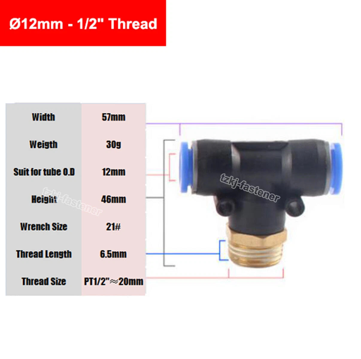 Pneumatic Tee "T" Connector BSP Male Thread 4mm-16mm Hose Tube Push-In Fittings