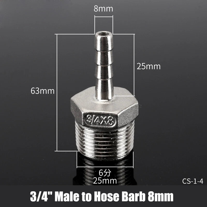 BSP Stainless Steel Male Hose Barb Fitting — 1/2" & 3/4" to Barb Connector