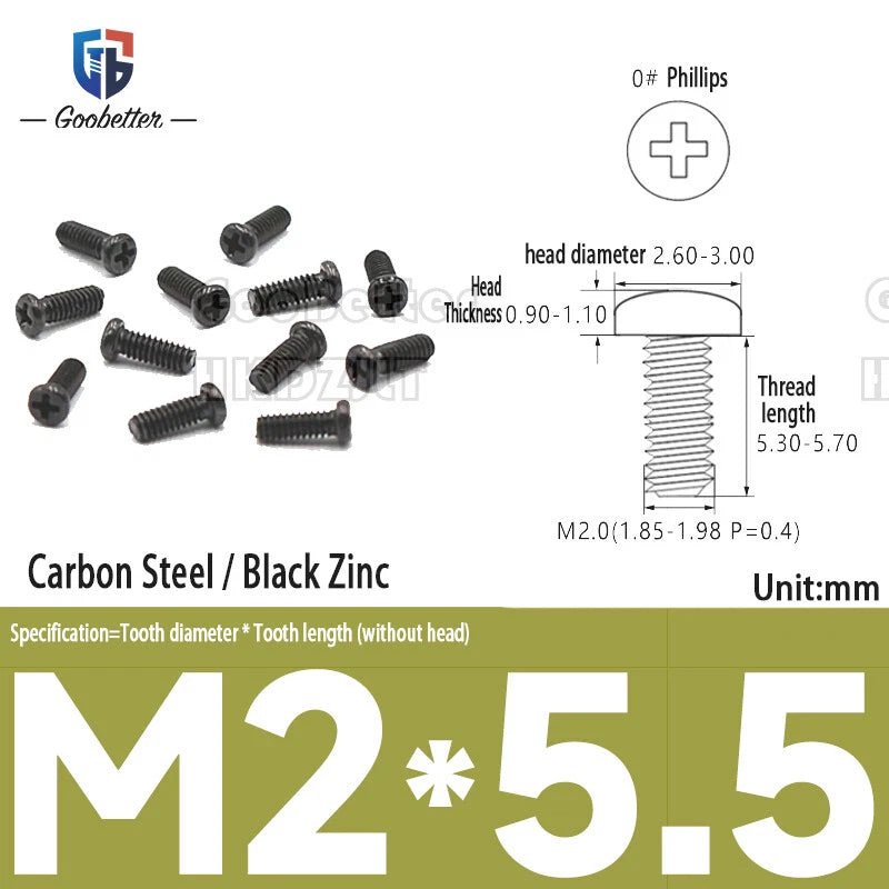 M2 Phillips Pan Head Machine Screws — 3 to 5.5mm, Carbon Steel & Stainless, 11 Finishes - HomeDIYer