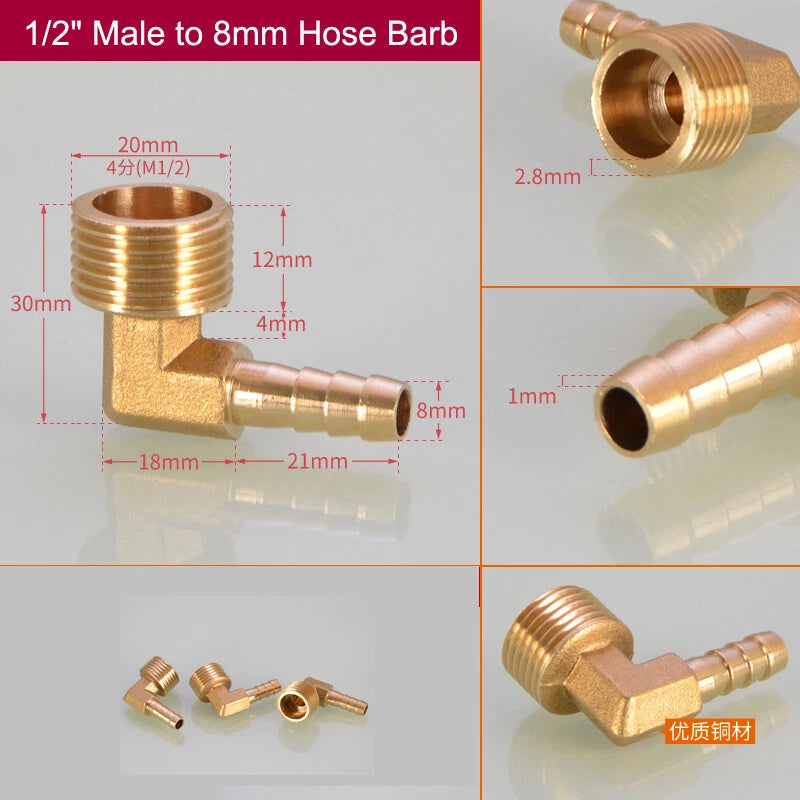 Brass Hose Barb Elbow Fittings — Male BSP to Metric Barb, 1/8" to 3/4" BSP