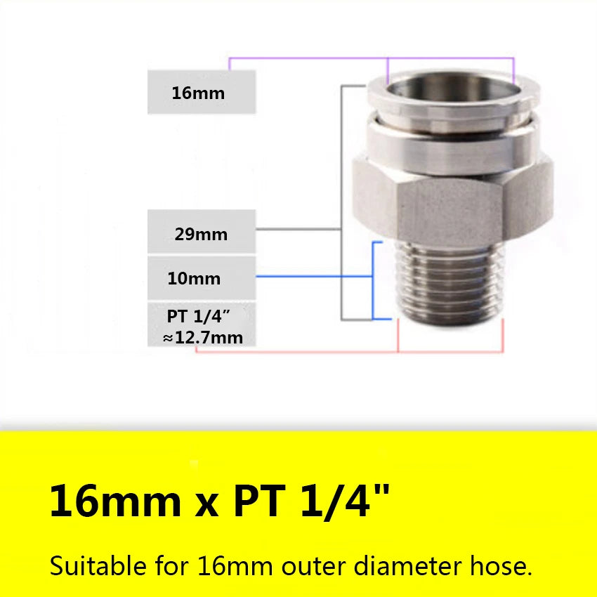 Stainless Steel 304 Push-In Straight Fitting — PT Male Thread x Hose Barb Adapter (4mm–16mm OD)