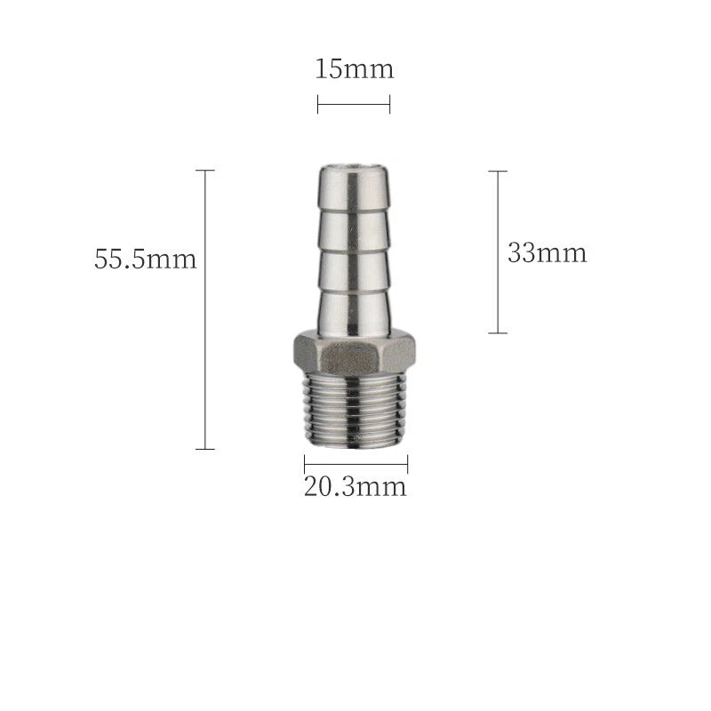 A2 Stainless Steel Straight Barb Hose Connector — Male Thread, 6mm to 20mm Tubing